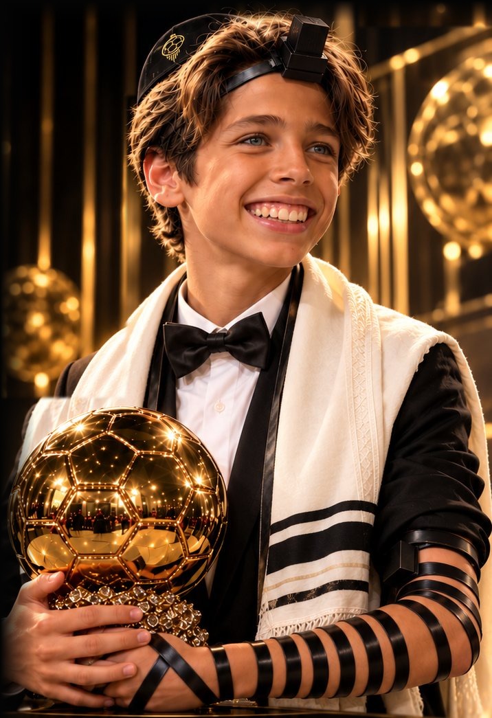 Jacob avec son talith et ses téfilines, les bras et les mains visibles autour de son trophée doré